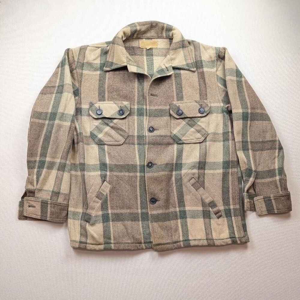 Vintage Bemidji Woolen Mills Green Brown Plaid Mackinaw Jacket Wool Flannel XL?